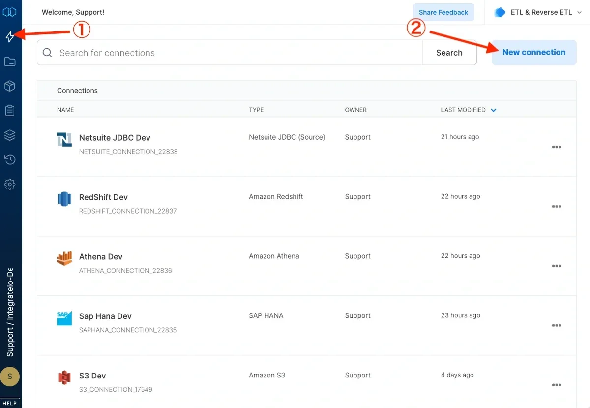 Connections page with New connection button for SOAP