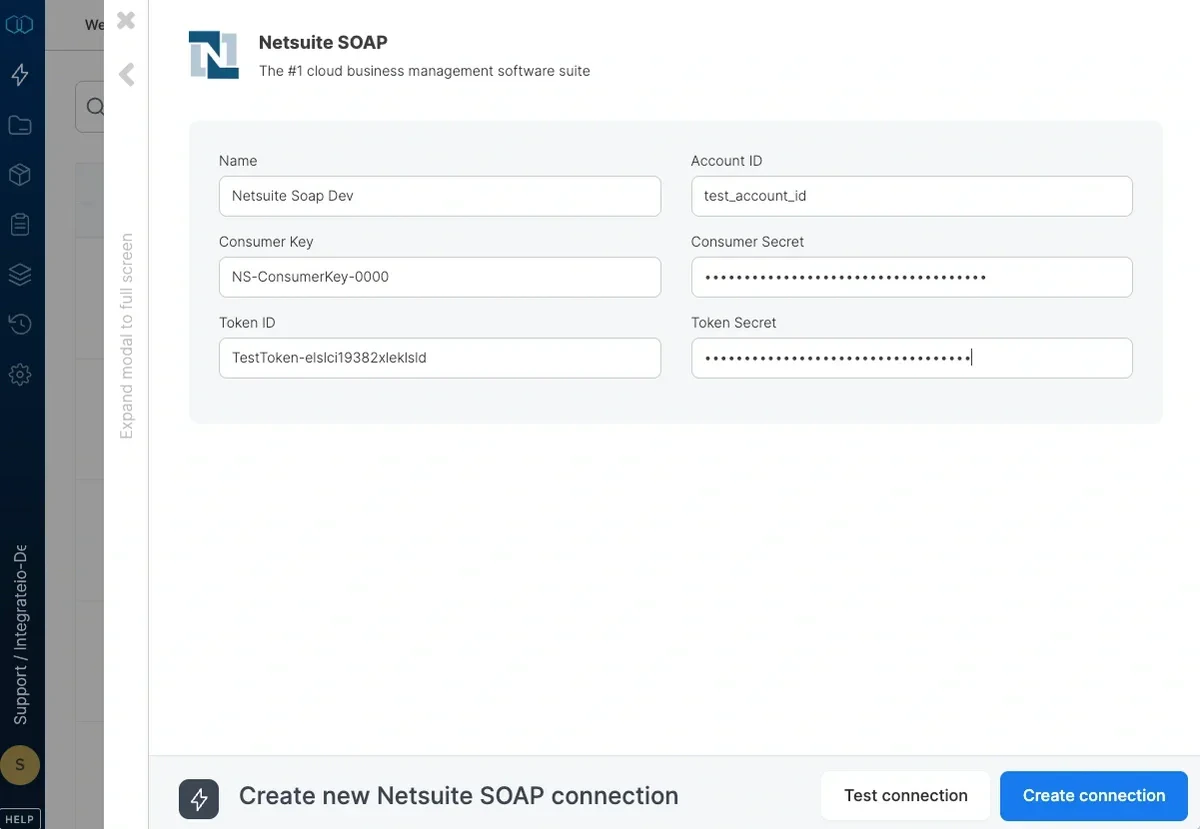 NetSuite SOAP connection form with Account ID and token fields