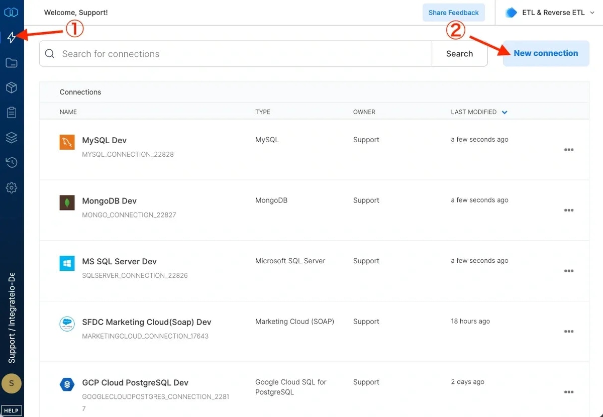 New connection button in the Connections page