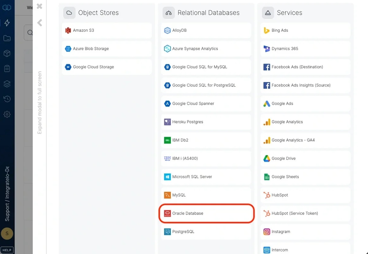 Selecting Oracle Database as the connection type