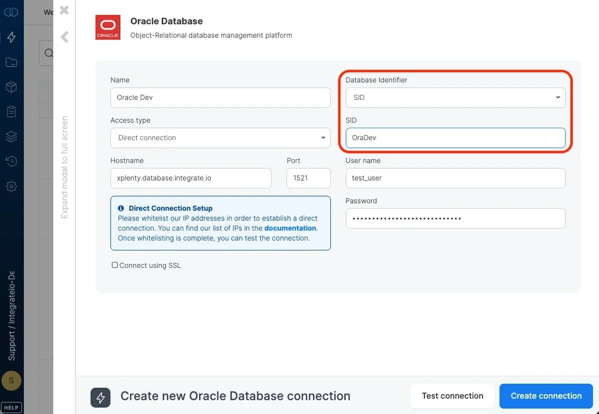 Database identifier selection showing Service Name option