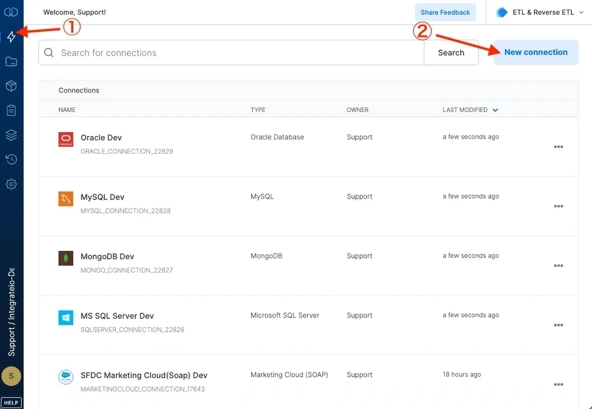 New connection button in the Connections page