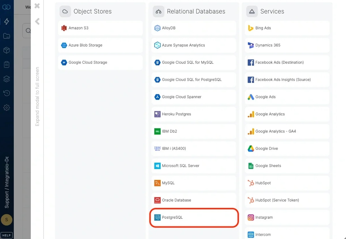 Selecting PostgreSQL as the connection type