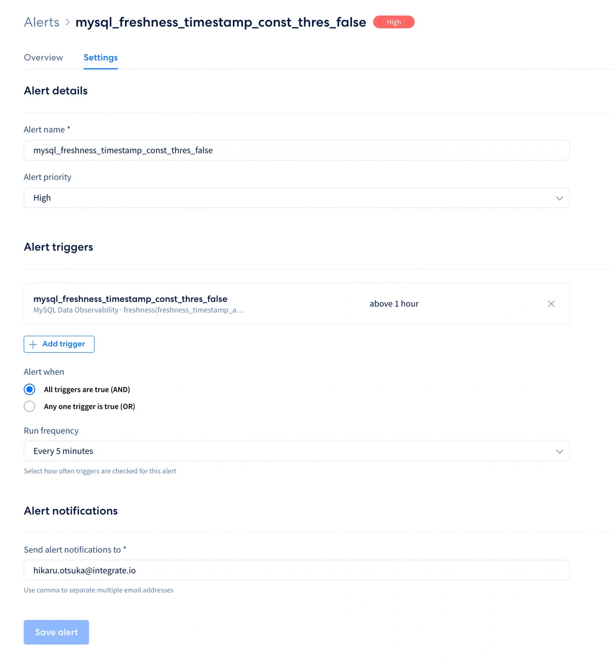 Alert settings for frequency and notification email list
