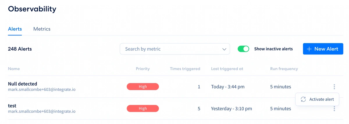 Context menu with Activate alert option for an inactive alert