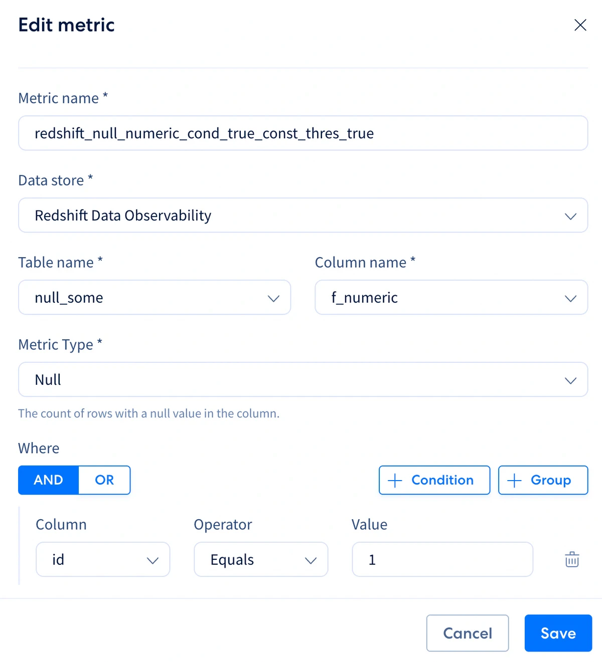 Metrics settings form with name, data store, and table fields