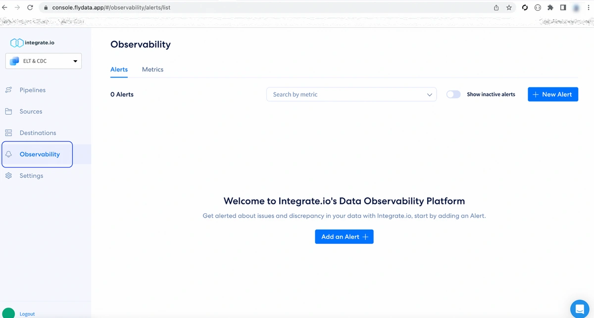 Observability sidebar with New Alert button