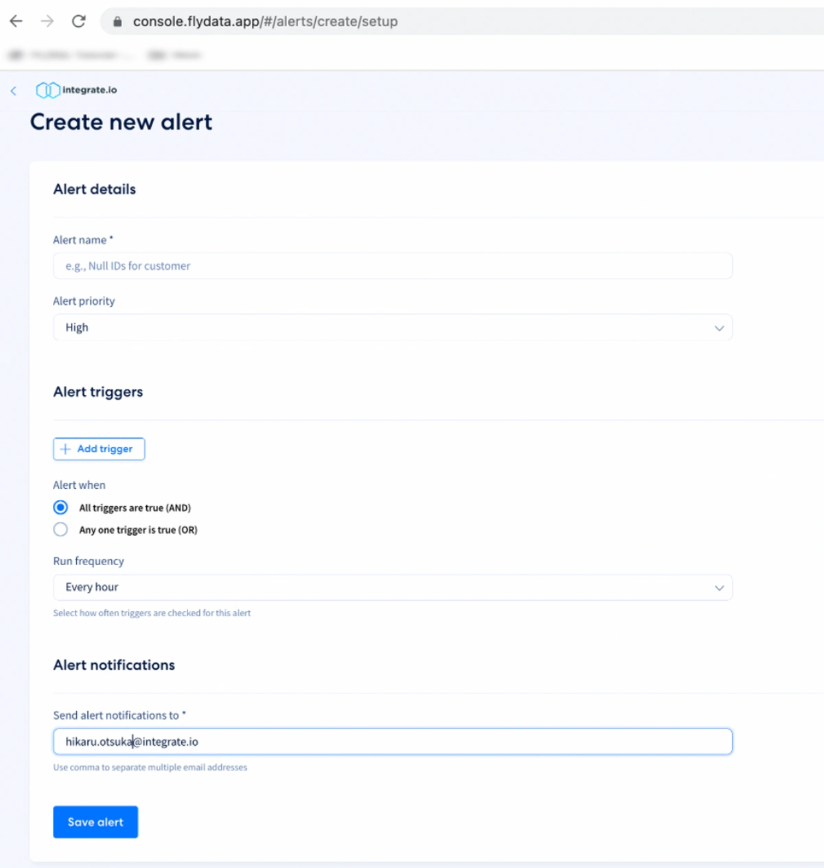 Create new alert form with name, priority, frequency, and notification fields