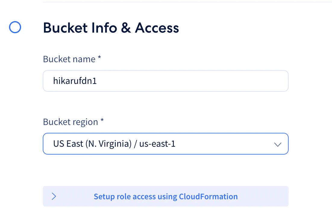 S3 bucket name and region input with CloudFormation setup button