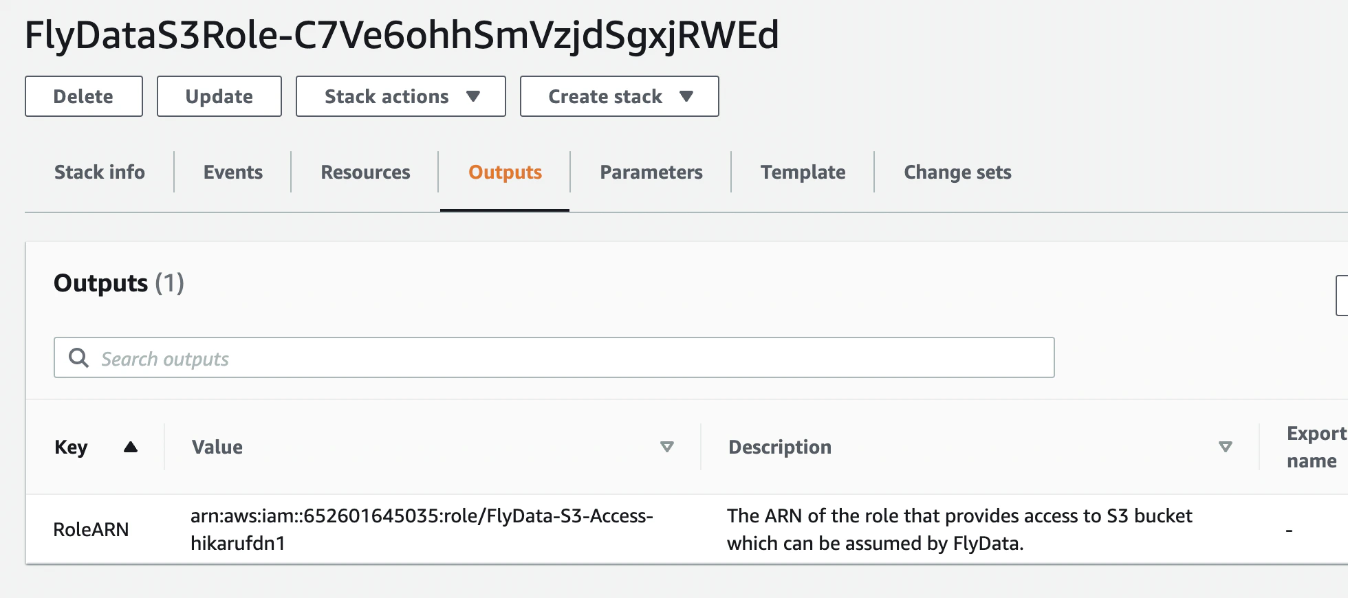 CloudFormation stack outputs showing RoleARN value