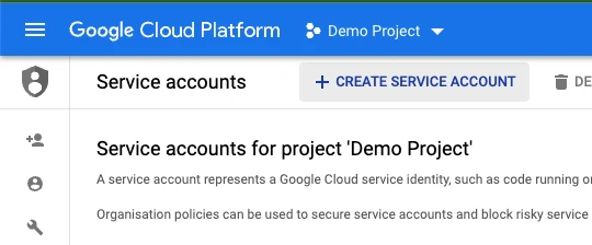 Google Cloud service accounts page with Create Service Account button