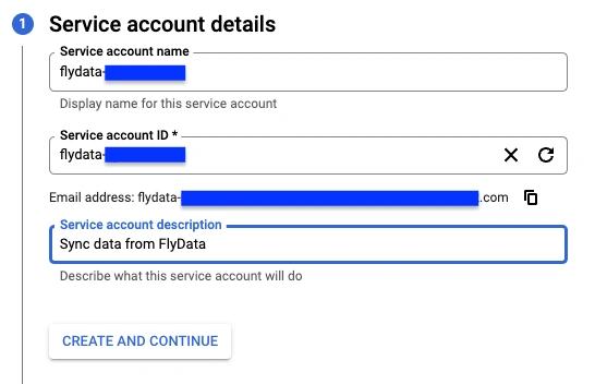 Entering service account name and description