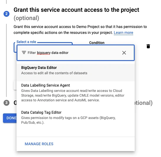 Selecting the BigQuery Data Editor role for the service account