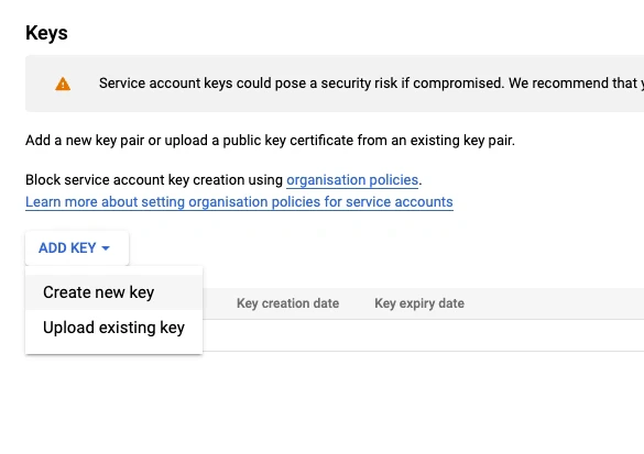 Keys tab with Add Key dropdown showing Create New Key option