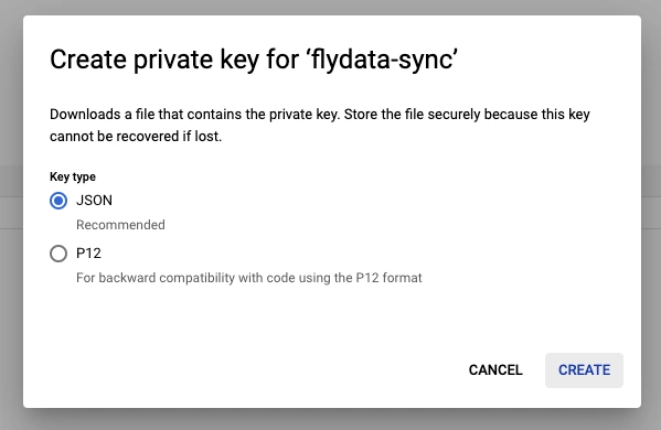 Selecting JSON key type for the service account credentials