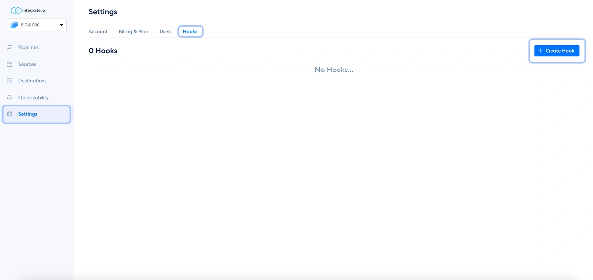 Settings page with Hooks tab and Create Hook button