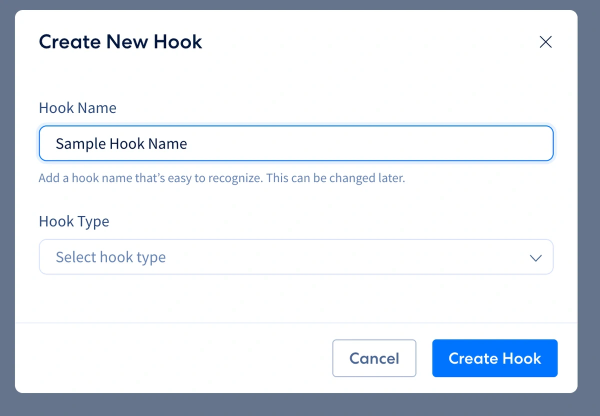 Create new hook modal with name and Hook Type dropdown