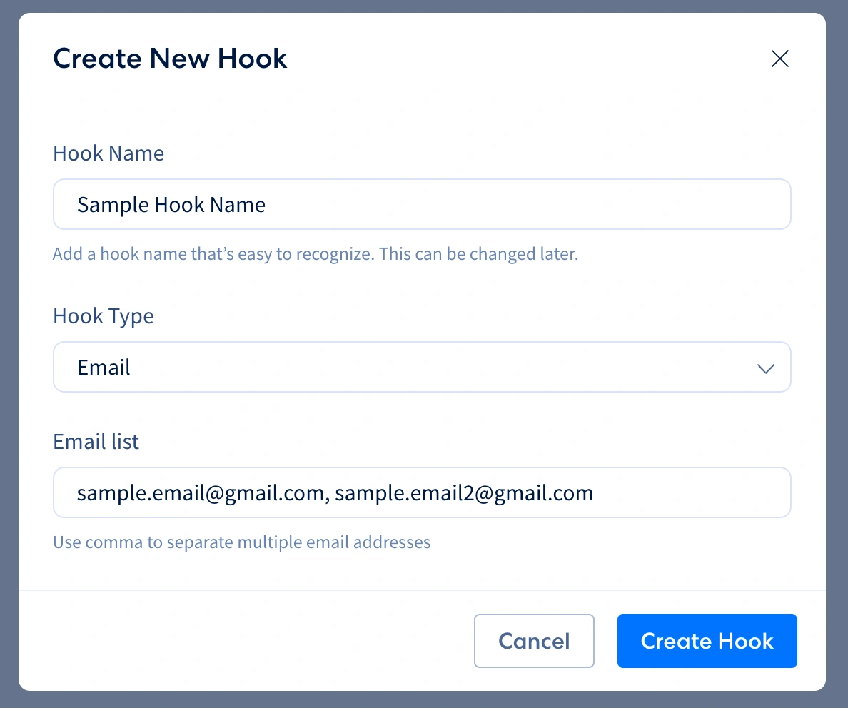 Email list field for hook notifications with Create Hook button