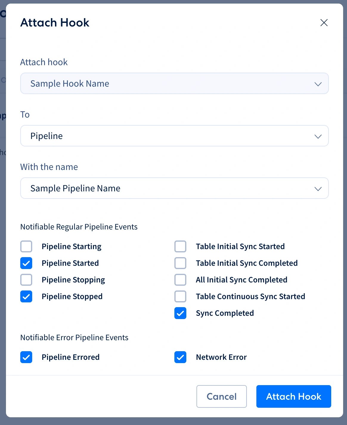 Attach Hook modal with pipeline selection and event checkboxes