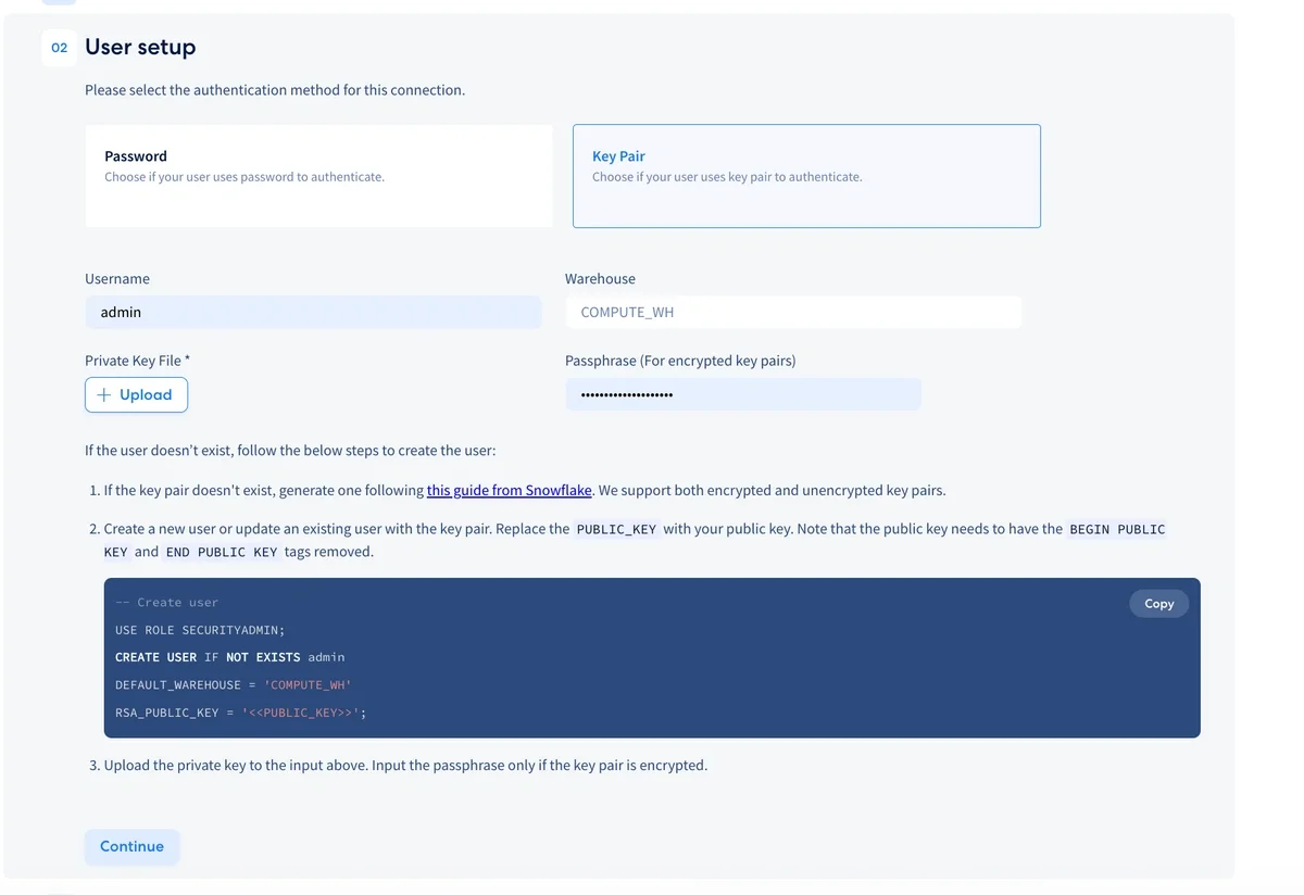 Snowflake setup script with username and warehouse input fields