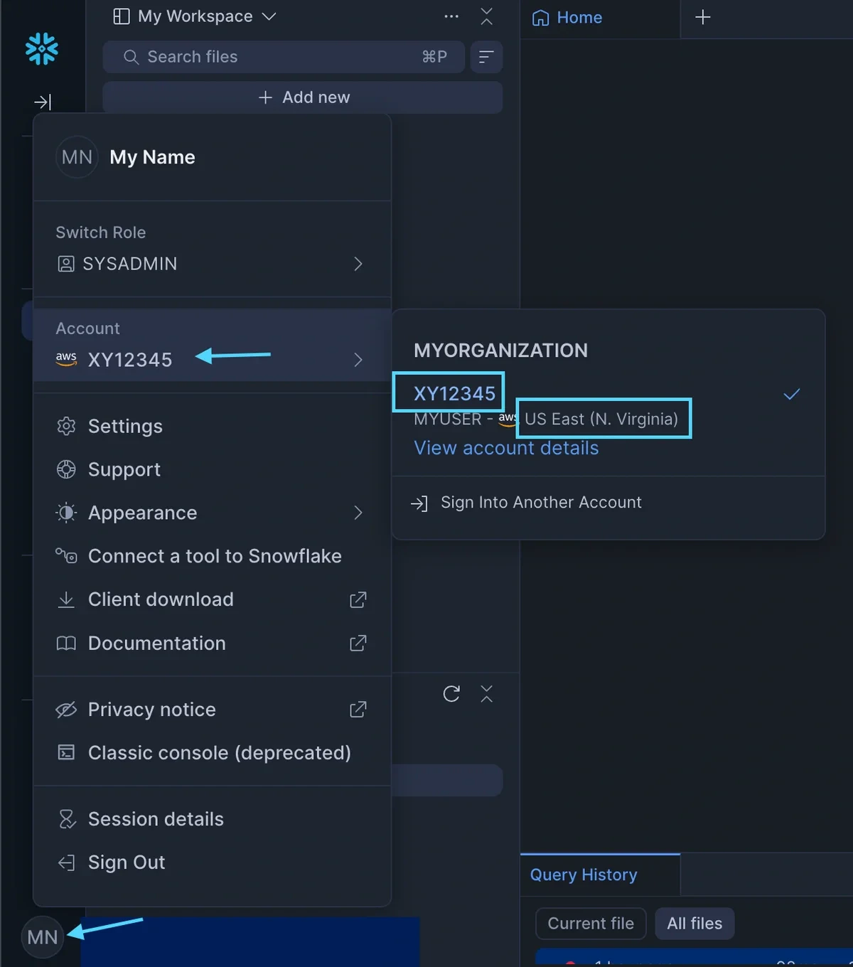 Snowflake account selector showing signed-in accounts list