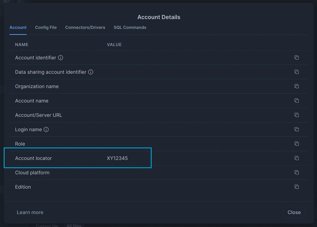 Account details showing the Account Locator and region