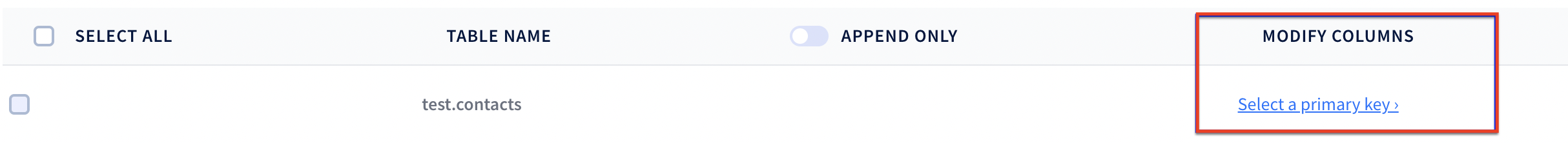 Table column list with option to set a custom primary key