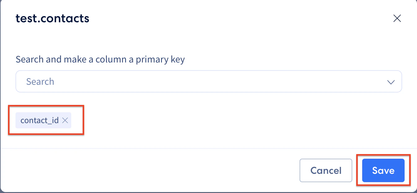 Custom primary key selected with Save button