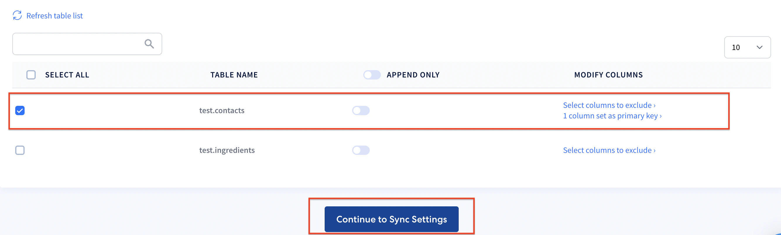 Continue to Sync Settings button to start replication