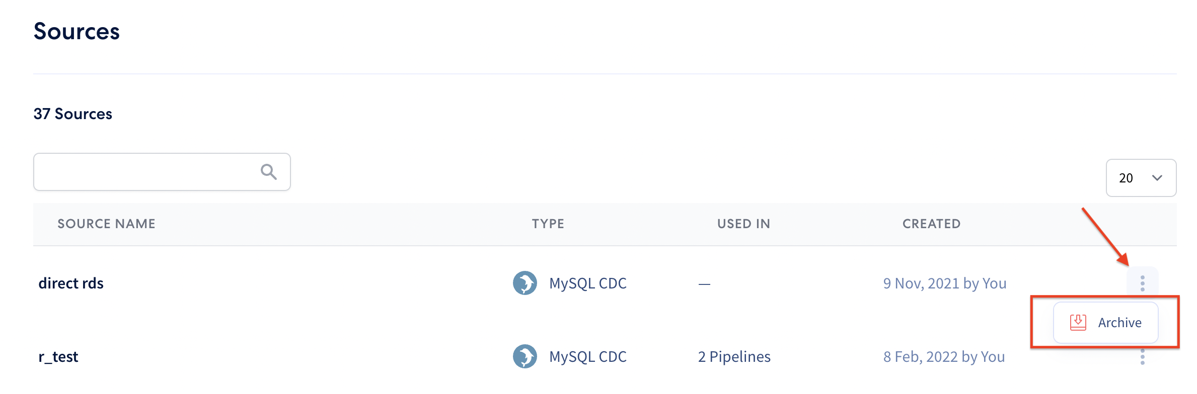 Three-dot menu with Archive option for an unused source or destination
