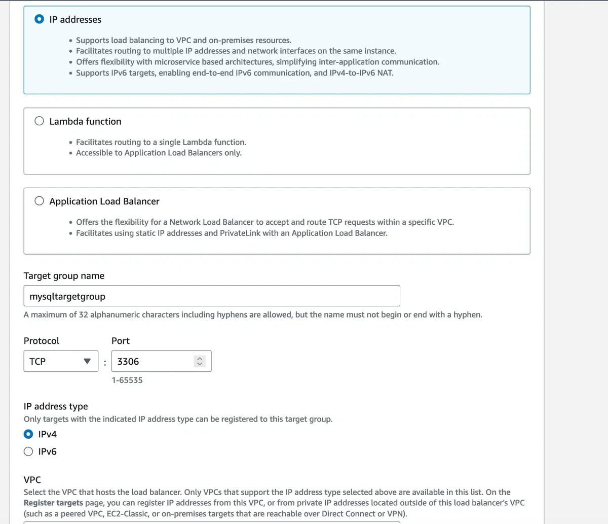 AWS target group creation with IP addresses type selected
