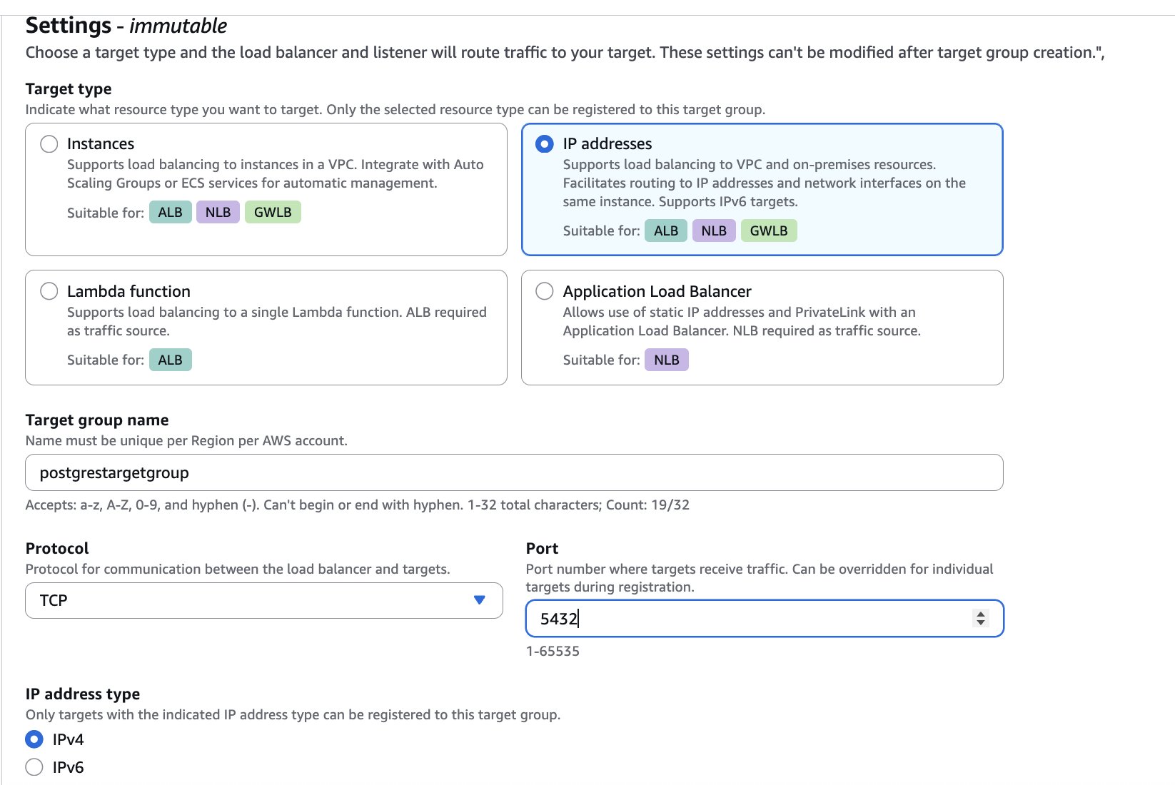 AWS target group creation with IP addresses type and VPC selection