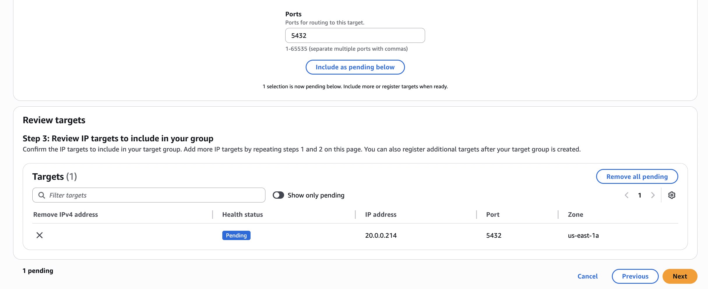 Registering the Postgres RDS IP address as a pending target