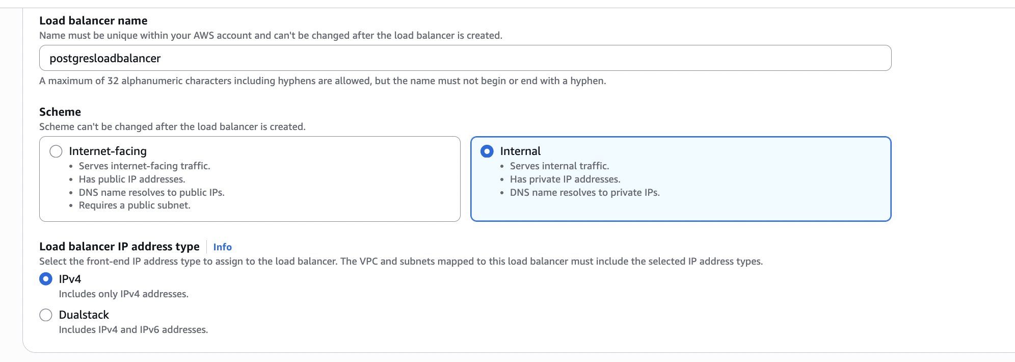 Network Load Balancer creation with Internal scheme selected