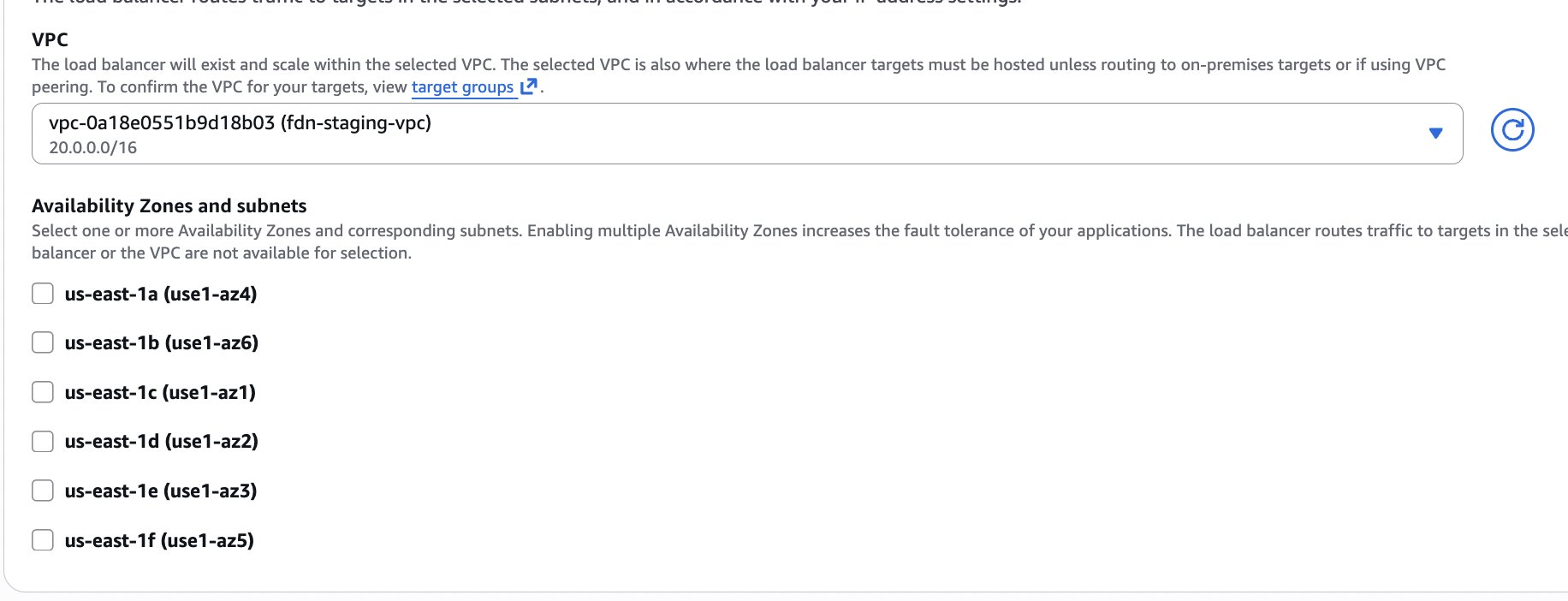 VPC and availability zone selection matching the Postgres database