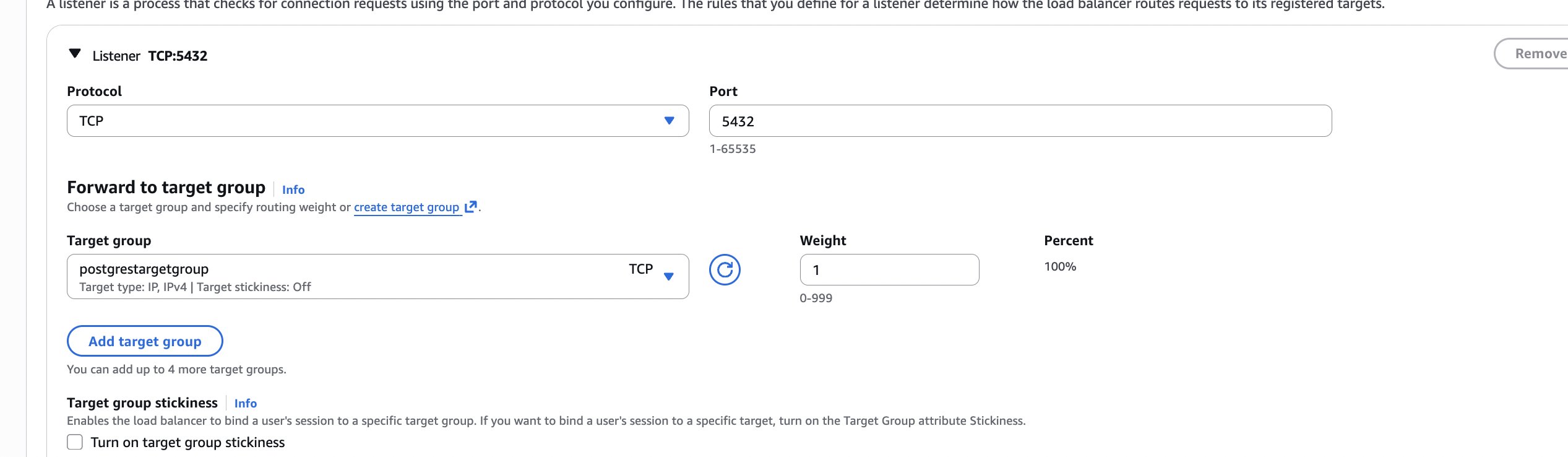 Listener configuration with target group and Postgres port