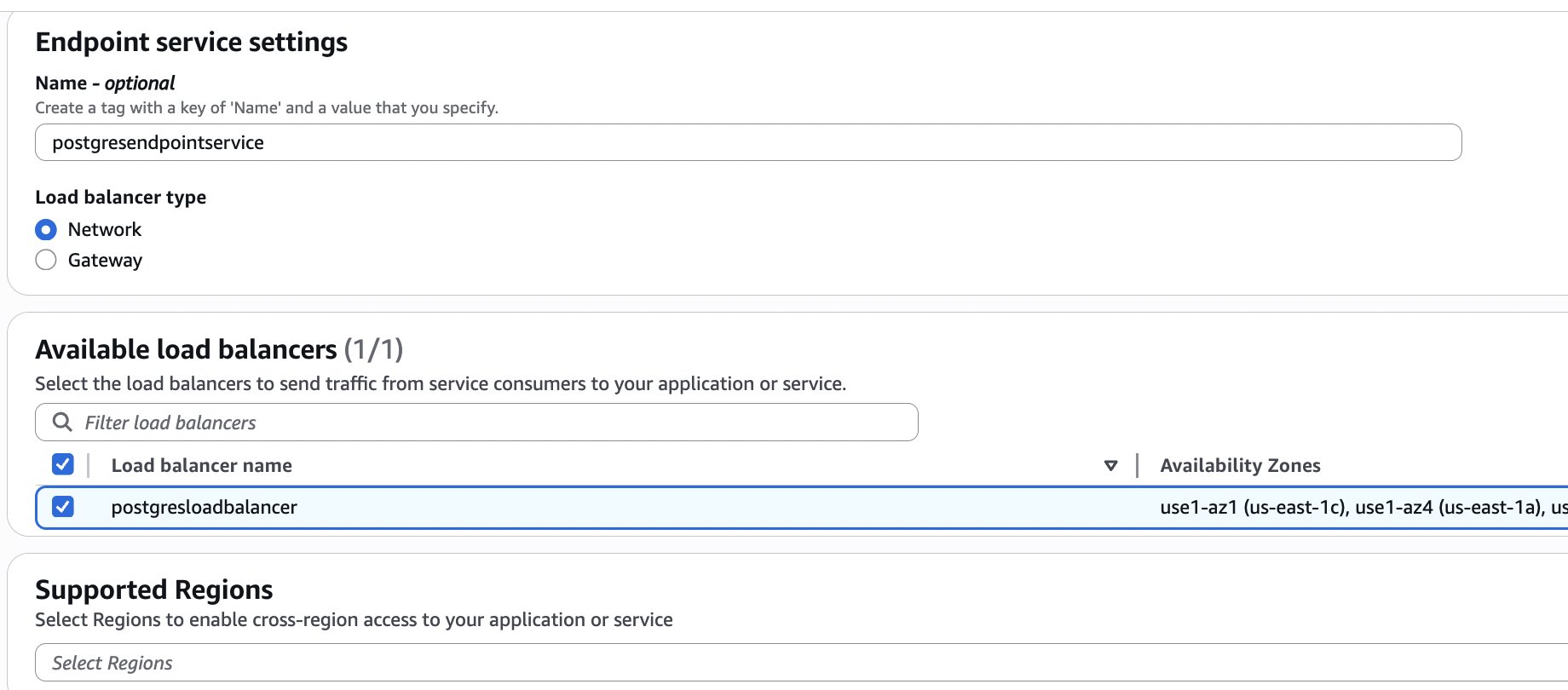 VPC endpoint service configuration with NLB selected
