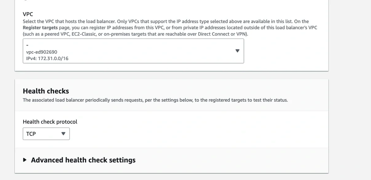 Target group name and VPC selection for the MySQL database