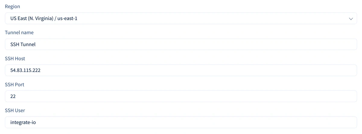 SSH tunnel creation form with region, name, and connection details