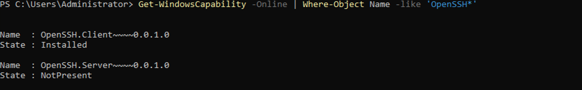 PowerShell output showing OpenSSH capability status