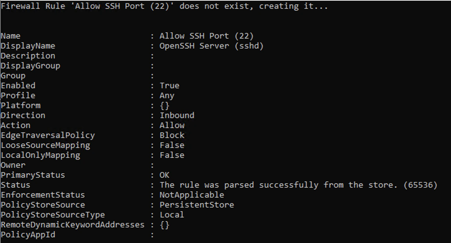 PowerShell output confirming SSH firewall rule creation