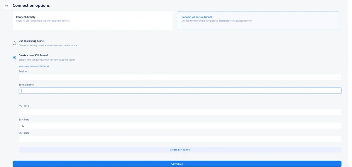 Connection options with Connect via secure tunnel and Create a new tunnel selected