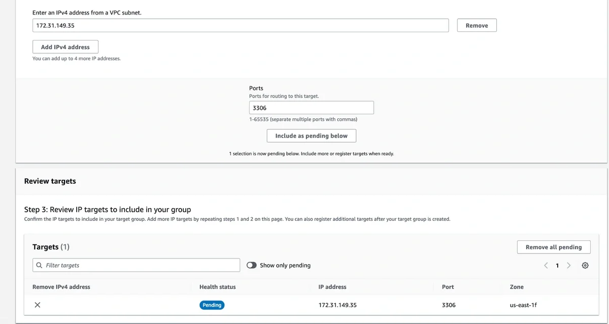 Registering the MySQL RDS IP address as a pending target