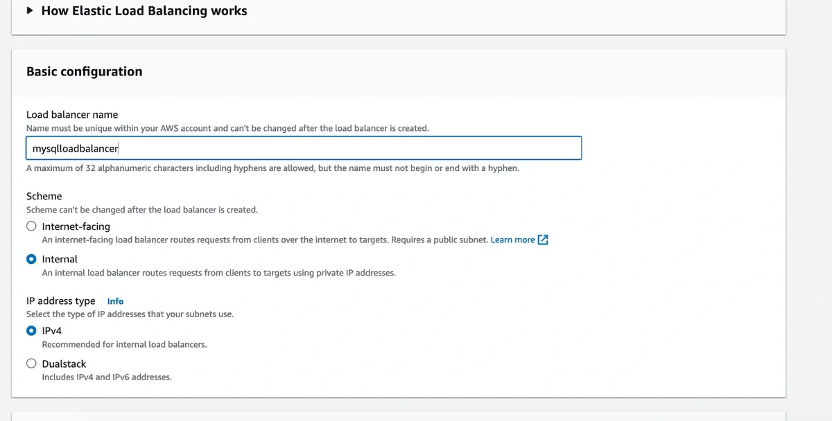 Network Load Balancer creation with Internal scheme selected