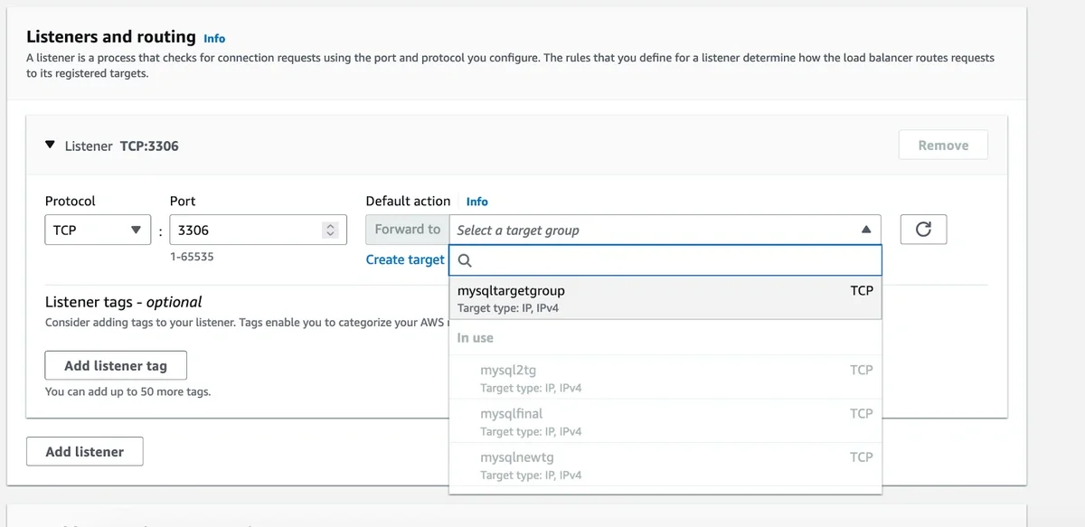 Listener configuration with target group and MySQL port