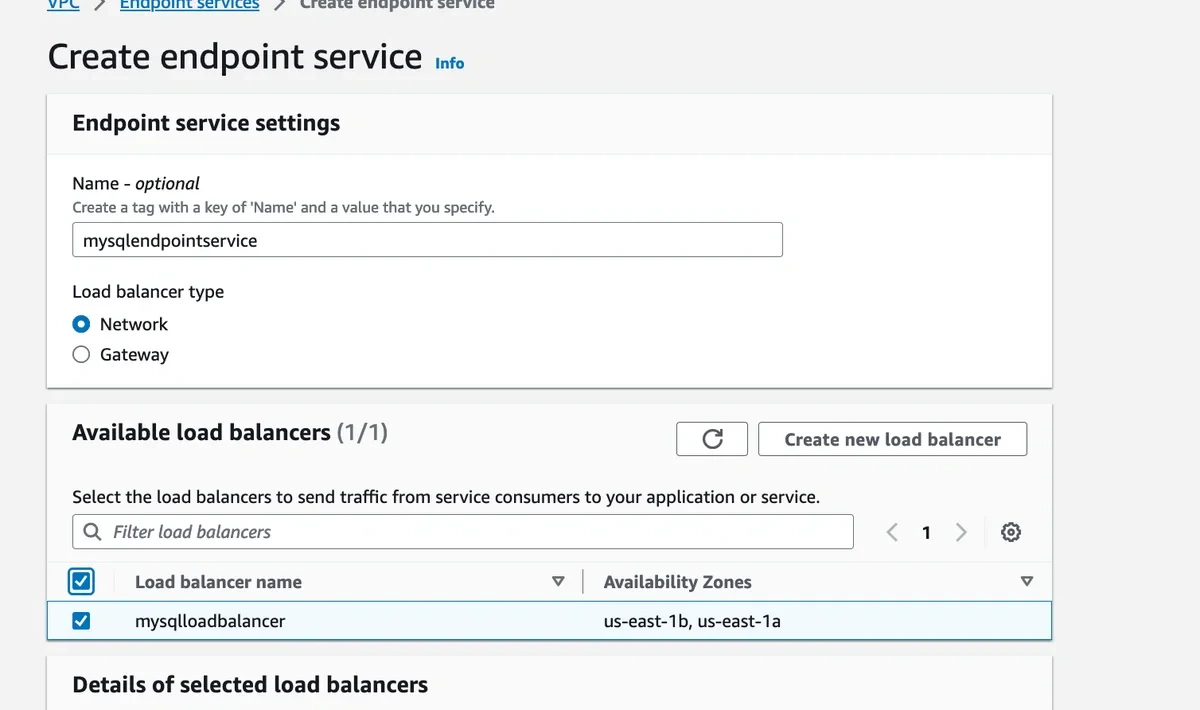 VPC endpoint service configuration with NLB selected