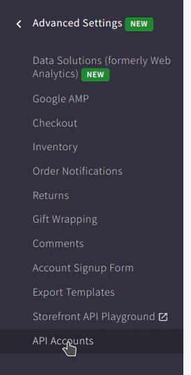 API Accounts option in the BigCommerce left navigation