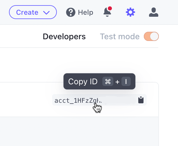 Stripe Account settings page showing the account ID