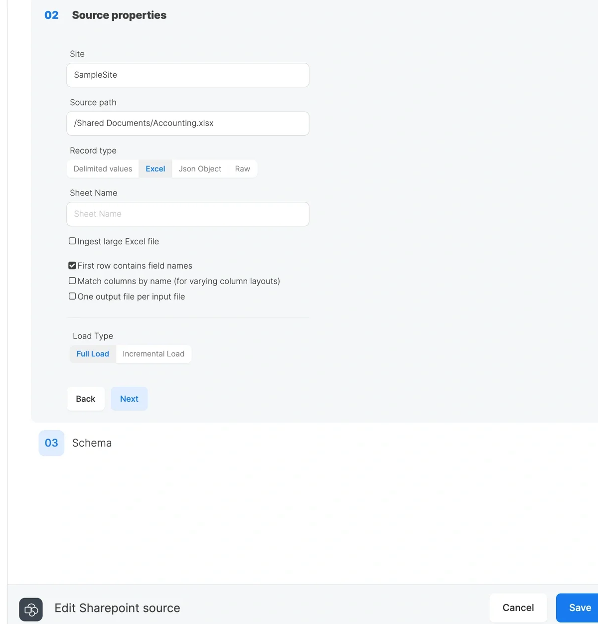 SharePoint source properties overview