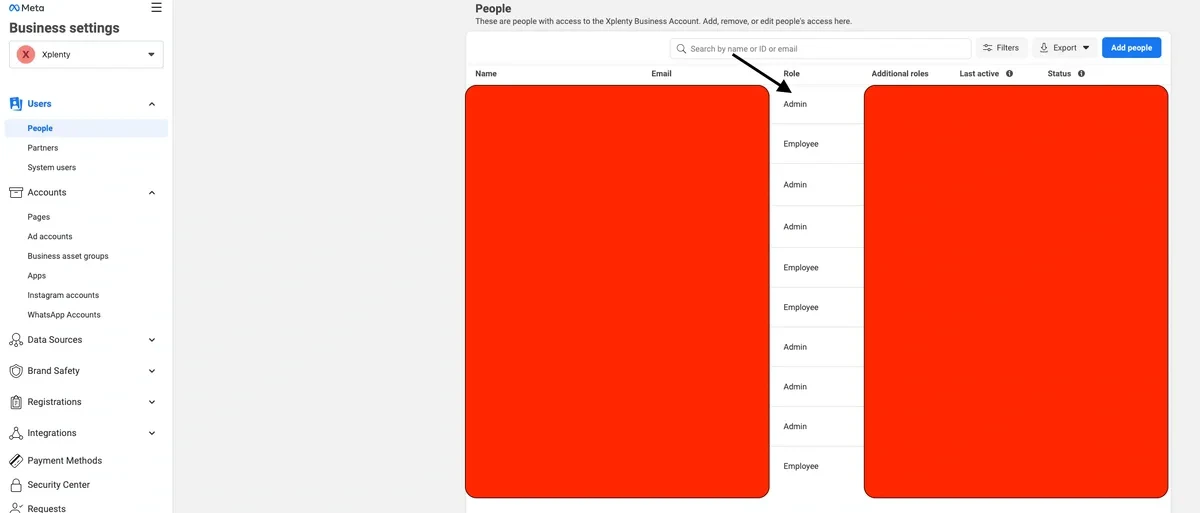 Business Manager Pixels settings showing development pixel access